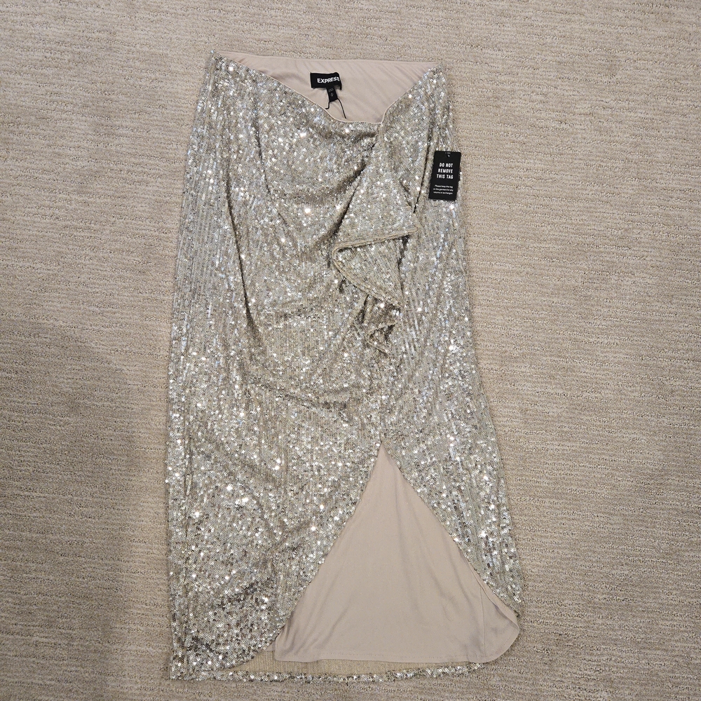 Express Silver Sequin Drape Front Skirt | NWT Size M